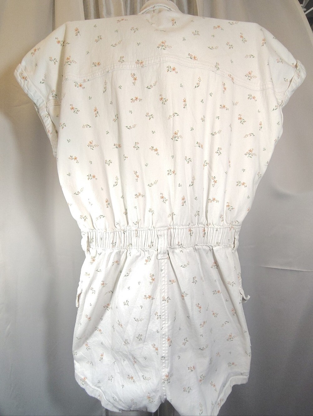 J Crew Romper, Women, Denim White Peach/Green Floral, BttnUp, Collar, Pockets, L - Picture 7 of 14